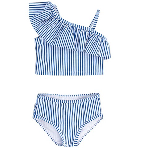 RuffleButts Girls UPF50+ Sun Protected Seersucker One Shoulder Ruffle Tankini 2-Piece Swimsuit - Blue Seersucker, 6