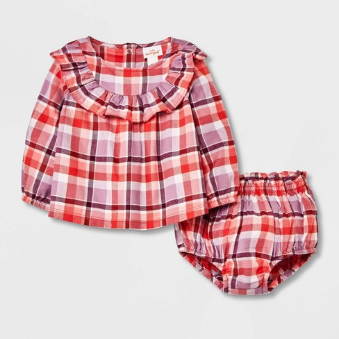 Baby Girls' Ruffle Plaid Top & Bottom Set - Cat & Jack™ Orange Newborn