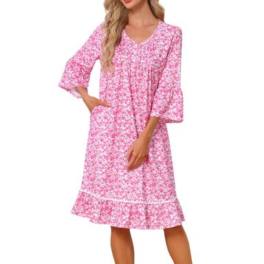 INSPIRE CHIC Women's Nightgown Floral Print 3/4 Sleeve V Neck Ruffle Hem Sleep Dress X-Large Pink