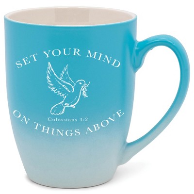 Elanze Designs Set Your Mind On Things Above Colossians 3:2 Two Toned Ombre Matte Pale Blue and White 12 ounce Ceramic Stoneware Coffee Cup Mug