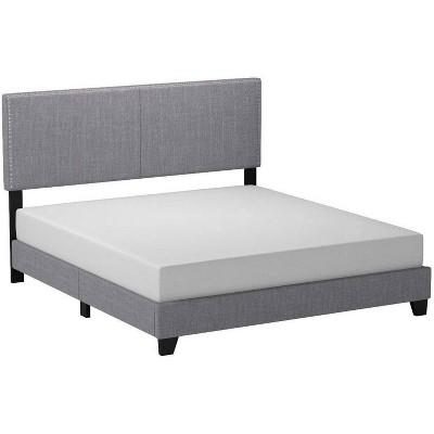 California King Bed with Padded Headboard and Nailhead Trim Gray - Benzara