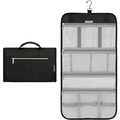 PAVILIA Hanging Toiletry Bag Women Men Travel Kit Foldable Waterproof Organizer Roll up Cosmetics Makeup Essentials Jewelry Case Black