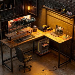 61.6" Rustic L-Shaped Gaming Desk with Power Outlets & LED Lights, Reversible Home Office Computer Table with Monitor Stand & Storage-3irtyhousy - 1 of 4