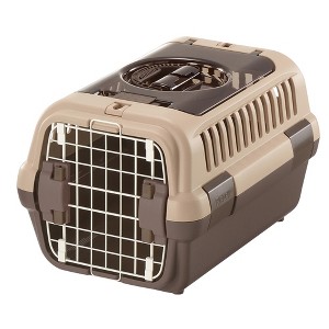 Richell: Double Door Carrier: Small Brown - Pet Transporter, Small Cats & Dogs Up to 11lbs, Attach to Car Seat Belts, Clear Top Door, Front Entry Gate - 1 of 4