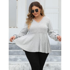 Plus Size Tops for Women Dressy V Neck Lantern Long Sleeve Shirts Casual Oversized Tunics Knit Pullover Sweaters - 1 of 4