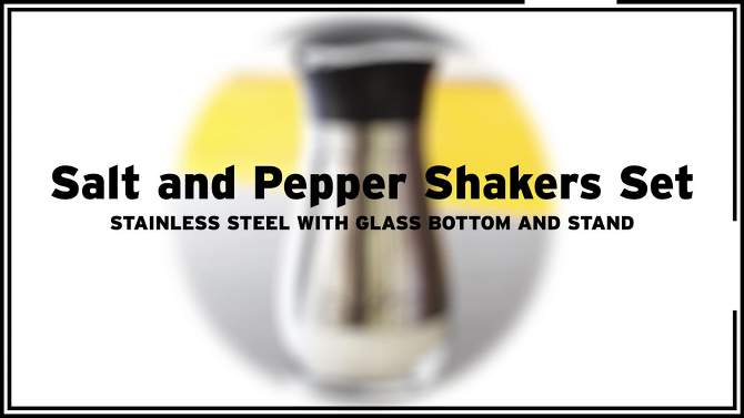 Juvale 2 Pack Salt and Pepper Shakers Refillable Dispenser with Stand, Stainless Steel with Glass Bottom, Silver, 4 Oz, 2 of 11, play video