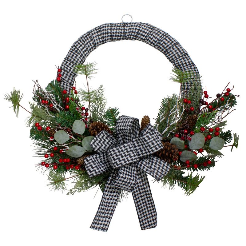 Northlight Black and White Houndstooth and Berry Artificial Christmas Wreath - 24-Inch, Unlit, 1 of 5