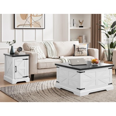 PAGED Side Table Farmhouse Wooden Nightstand with Barn Door and Adjustable Storage Shelf for Living Room, Bedroom