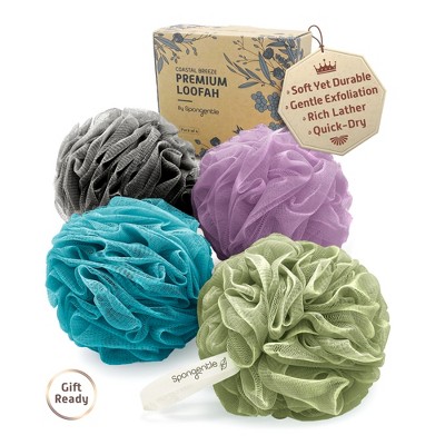 Spongentle Loofah Bath Sponge, Exfoliating Scrubber for Bath & Shower, Ideal for Women & Men Pack of 4