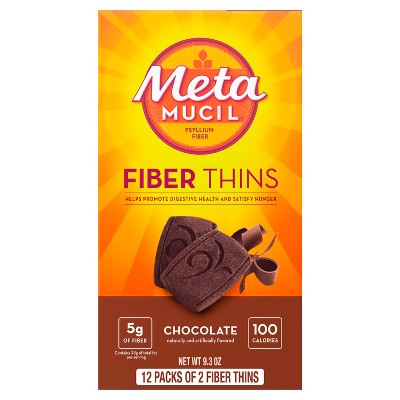 Metamucil, Fiber Thins, Daily Psyllium Husk Fiber Supplement, Supports Digestive Health and Satisfies Hunger, Chocolate Flavor, 12 Servings