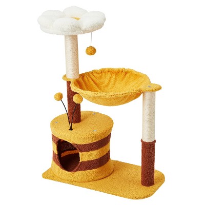 Yellow Flower Cat Tree with Sisal Scratching Posts and Hammock