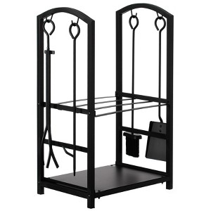 Gardenised Indoor and Outdoor Patio Iron Firewood Log Cart with Fireplace Tool Rack, Black - 1 of 4