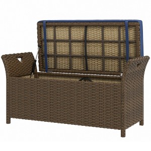 Aghana Digitals 29 Gallon Outdoor PE Rattan Storage Bench with Red Cushion, 2-in-1 Patio Furniture - 1 of 4