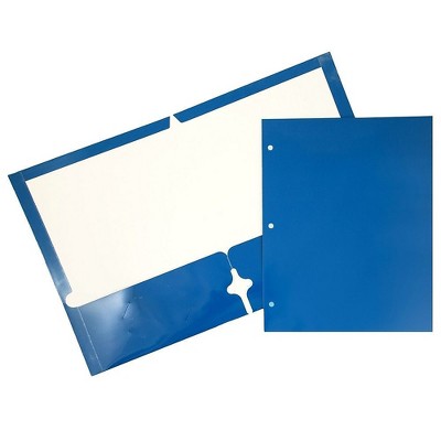 JAM Paper Laminated Glossy 3 Hole Punch Two-Pocket School Folders Blue 385GHPBUB