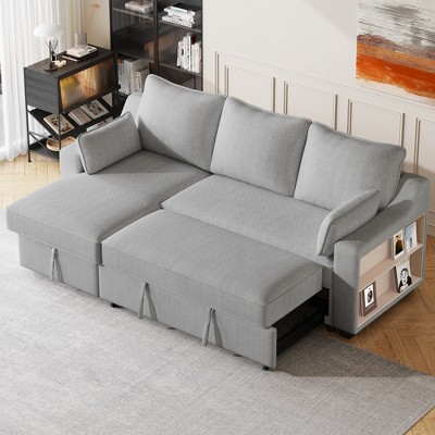 90" Convertible L-Shaped Sleeper Sectional Sofa with Pull Out Bed, Storage Chaise, Storage Racks & USB Ports