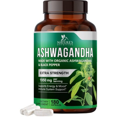 Organic Ashwagandha Capsules 2100mg Supplement w/ Black Pepper Root Powder - 180 Capsules By Nature's Nutrition