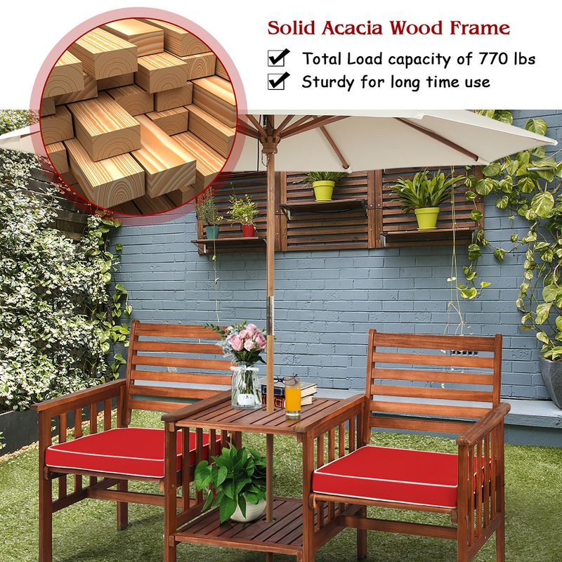 Costway Patio Loveseat Conversation Set Acacia Wood Chair Coffee Table Cushioned White\ Red, 5 of 11