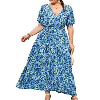 MISSKY Women Plus Size Wrap Dress High Waist Short Sleeve Ruffle Casual Summer Maxi Dresses with Belt