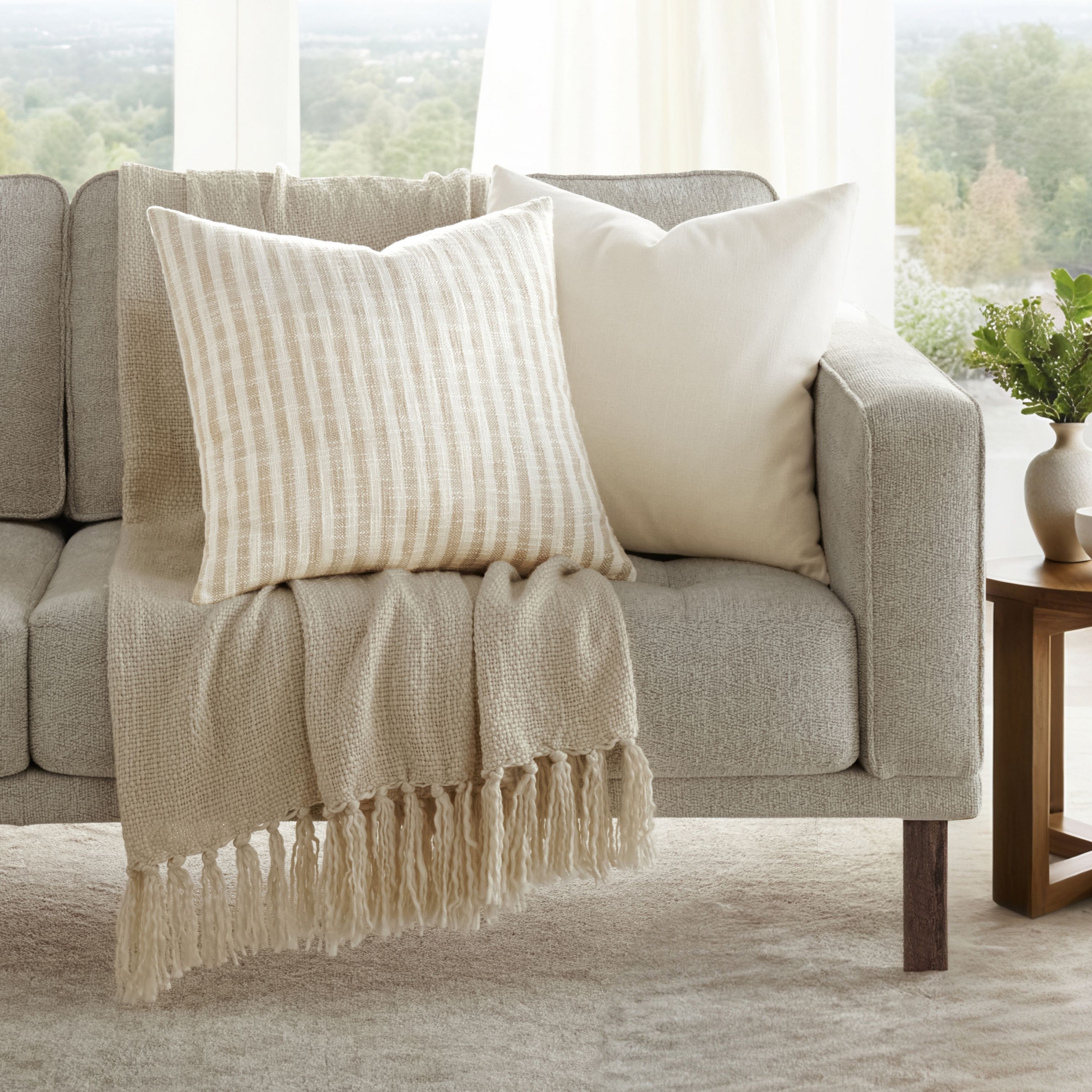 2-Pack Yarn-Dyed Patterns Natural Throw Pillows in Yarn-Dyed Bengal Stripe & Solid - Becky Cameron, Natural Yarn-Dyed Bengal Stripe / Solid, 20 x 20
