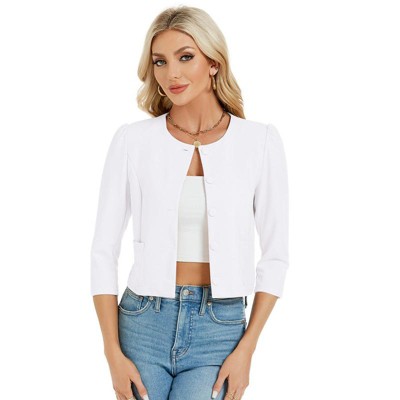 Coolmee Women's 3/4 Sleeve Cropped Coat Lightweight Notch Collar Blazer Jacket Business Casual
