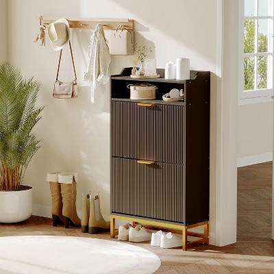 Narrow Shoe Cabinet Storage for Entryway, Modern Fluted Shoe Rack Organizer with 2 Flip Drawers and an Open Shelf for Hallway, Living Room
