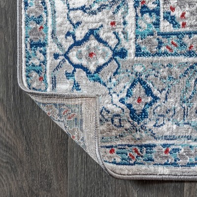 Light Gray and Blue Synthetic Vintage Medallion Rug