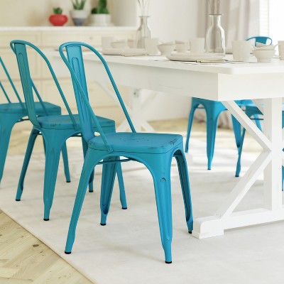 Blue Industrial Steel Armless Dining Chair with Tapered Legs