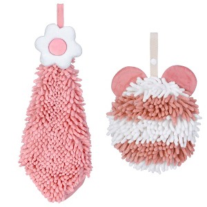 REGALWOVEN Soft Absorbent Cute Fuzzy Hanging Decorative Bathroom Chenille Hand Towel 6" x 15"/7" x 7" 2 Packs - 1 of 4