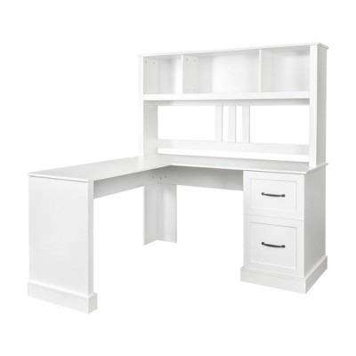 Vynxaria Home Office Computer Desk with Hutch, Antiqued White Finish, 59.84”x59.84”x64.96”, 2-Tier Open Shelves and 2 Drawers