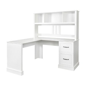 Vynxaria Home Office Computer Desk with Hutch, Antiqued White Finish, 59.84”x59.84”x64.96”, 2-Tier Open Shelves and 2 Drawers - 1 of 4