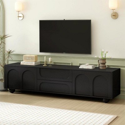 Chic Crate-75 Inch Minimalist Media Console – Cream & Black Arched Door TV Stand w/ 2 Drawers & Iron Legs, Soft-Close Storage