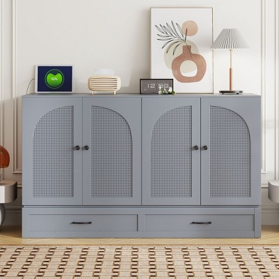 Foldable Queen Size Murphy Bed with Rattan Doors,Cabinet Bed with USB Port and Drawers for Small Spaces-The Pop Home