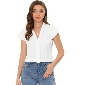 Allegra K Women's Summer Office V-Neck Solid Color Casual Chiffon Ruffle Sleeve Blouse - 1 of 4
