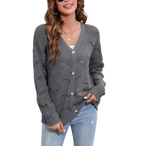 Women's Crochet Lightweight Cardigans Spring Long Sleeve Button Up Sweater - 1 of 4