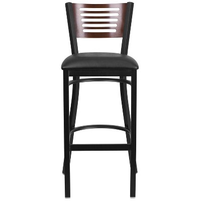 Walnut Wood Back Black Vinyl Seat Metal Barstool