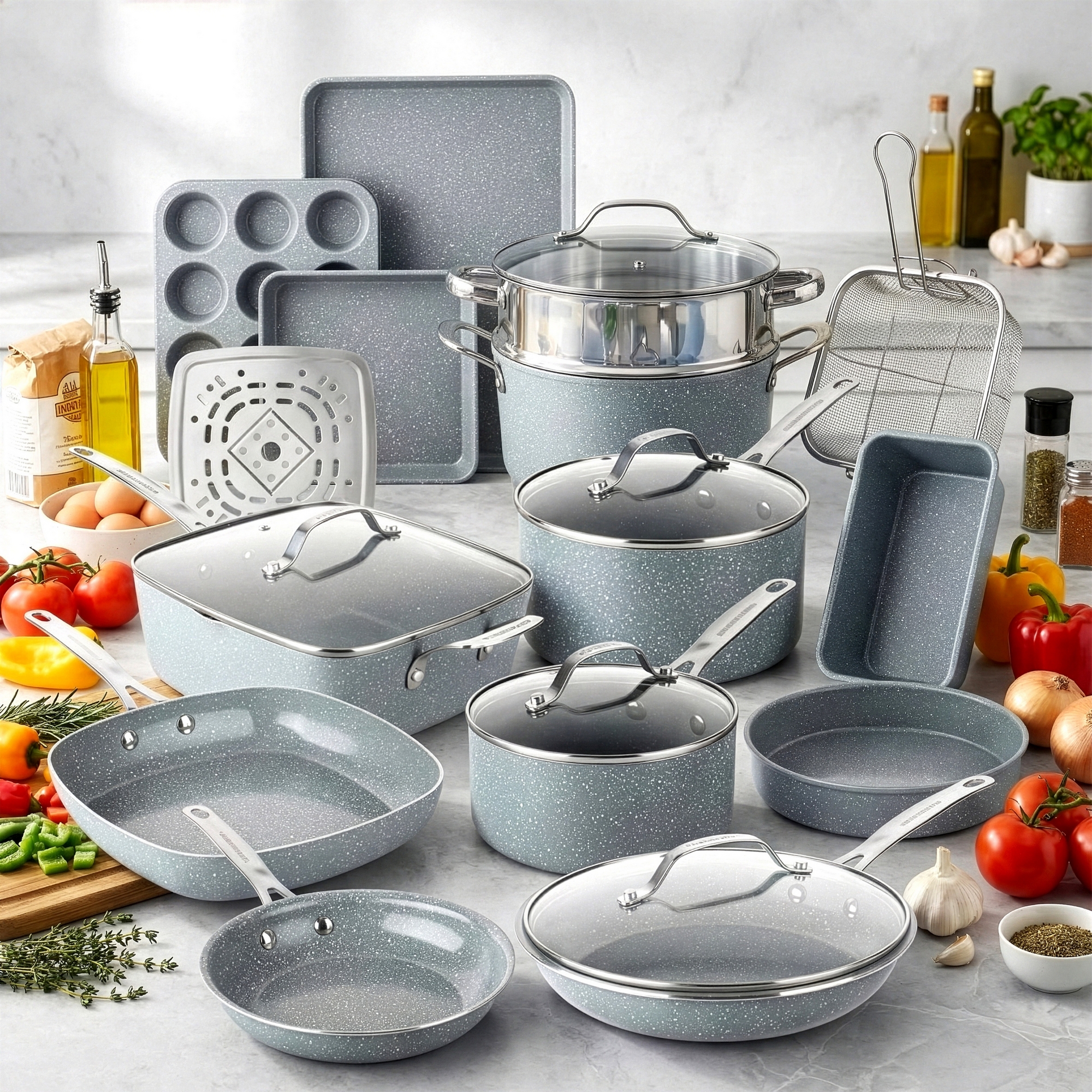 Granitestone 20 Pc Nonstick Pots and Pans Set Ceraluxe Ceramic Nonstick Cookware Set Bakeware Set Gray