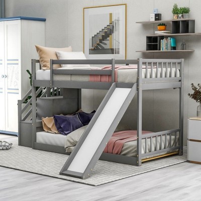 Multifunctional Twin Over Twin Bunk Bed With Slide Handrail Guardrail Staircase Space-Saving Bedroom Dormitory Furniture For Kids Teens Bedroom