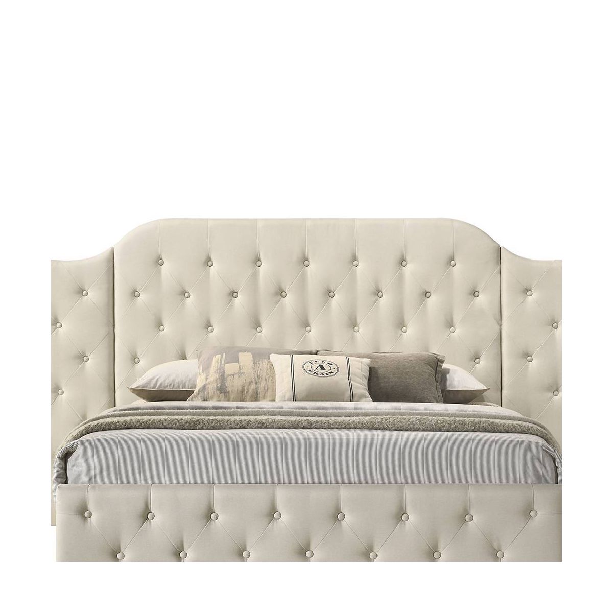 117.99" Queen Bed Ranallo Bed Beige Linen Natural Finish - Acme Furniture - thumbnail 2