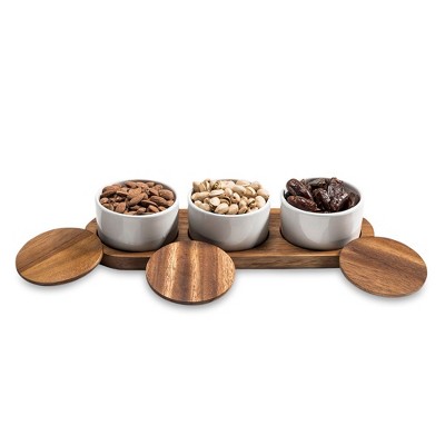 White Ceramic Condiment Set with Acacia Wood Base and Lids