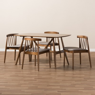 Wyatt Mid-Century Walnut 5-Piece Dining Set with Gray Upholstered Seats