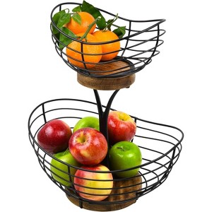 Enlea Modern Farmhouse 2 Tier Fruit Basket for Kitchen Counter, Wire and Wooden Base Fruit Bowl/Stand for Kitchen Countertop Decor - 1 of 4