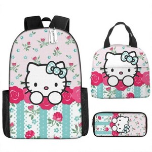 Paaaawaters Backpack 3-Piece Set Model H34 Cute Floral Cartoon Bow Roses Pink Aqua Size XL - 1 of 1