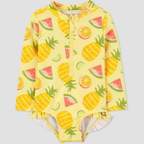 Girls Black Pineapple Print Zippered Ruffled Rash Guard One Piece Swimsuit