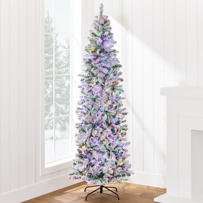 Best Choice Products Pre-Lit Artificial Snow Flocked Pencil Christmas Tree Decoration w/ Multicolor Lights