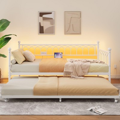 Twin Daybed with Trundle, Day Bed with Charging Station & LED Lights