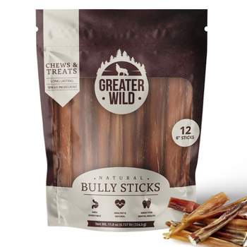Greater Wild Beef Bully Sticks, Dog Treats, Long-Lasting, All-Natural & Single Ingredient - Thick 6" Sticks, 12 Count