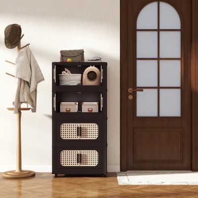 SKRAN Foldable Storage Cabinet with Lids, 5 Tier Stackable Storage Bins with Magnetic Door and Brake Casters for Toys and Home Organization