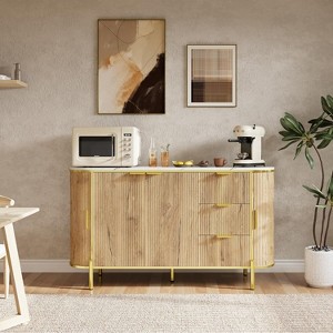 60" Faux Marble Top Buffet Cabinet w/ Curved Sliding Doors, 3 Drawers & Adjustable Shelves - Modern Storage Sideboard & Coffee Bar for Dining Room - 1 of 4