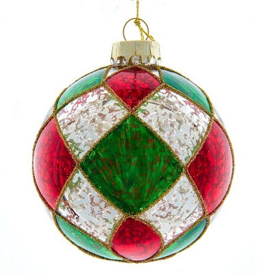 Kurt Adler 80MM Red, Green, and Silver Checker Glass Ball Ornaments, 6-Piece Set