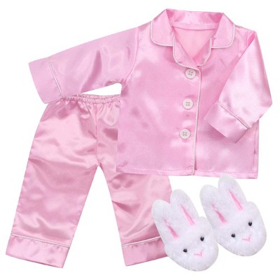 Sophia's Satin Button Up Pajama Top and Bottoms with Piping Plus Fluffy Bunny Slippers for 18 Inch Dolls, Pink/White
